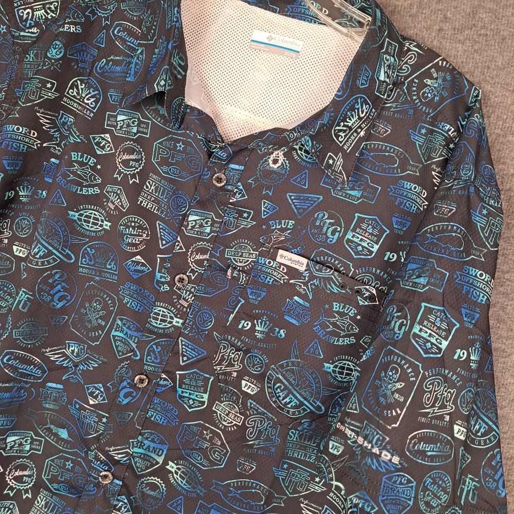 Columbia PFG Shirt Men XL Black Blue Badge Print Tamiami II FM1039 Short Sleeve